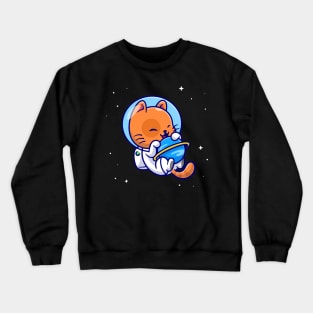 Cute Cat Astronaut Hug Planet In Space Cartoon Crewneck Sweatshirt